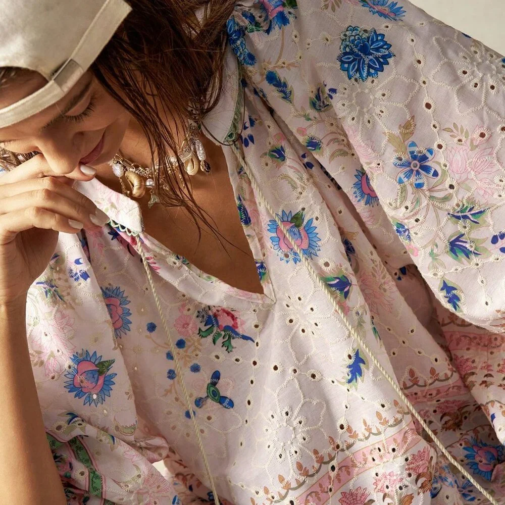 Boho Women's Plus Size Floral Print Hollow Out Embroidered Lantern Sleeve top - Picture 3 of 7